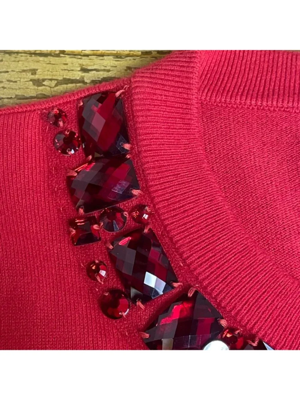 Kate Spade Gem Collar Cardigan Sz SM Wool Blend Valentine Holiday Festive Jewel